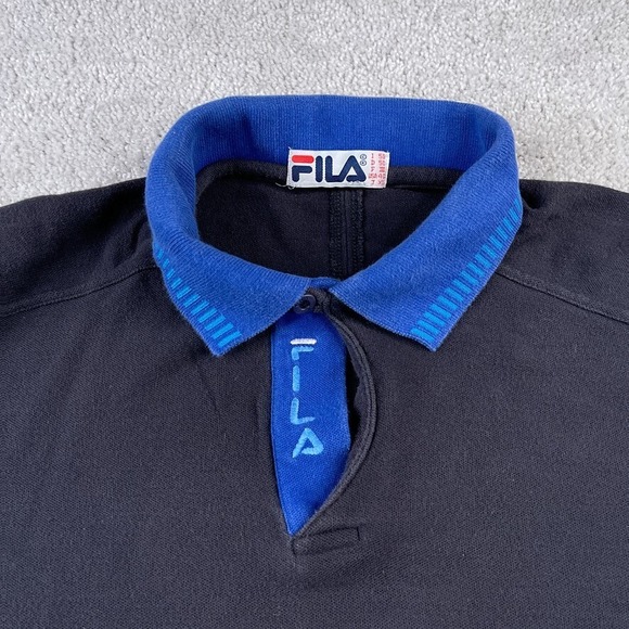 VINTAGE Fila Polo Shirt Mens Medium Black‎ Blue Logo Cotton Ringer Retro 90s - Picture 2 of 10